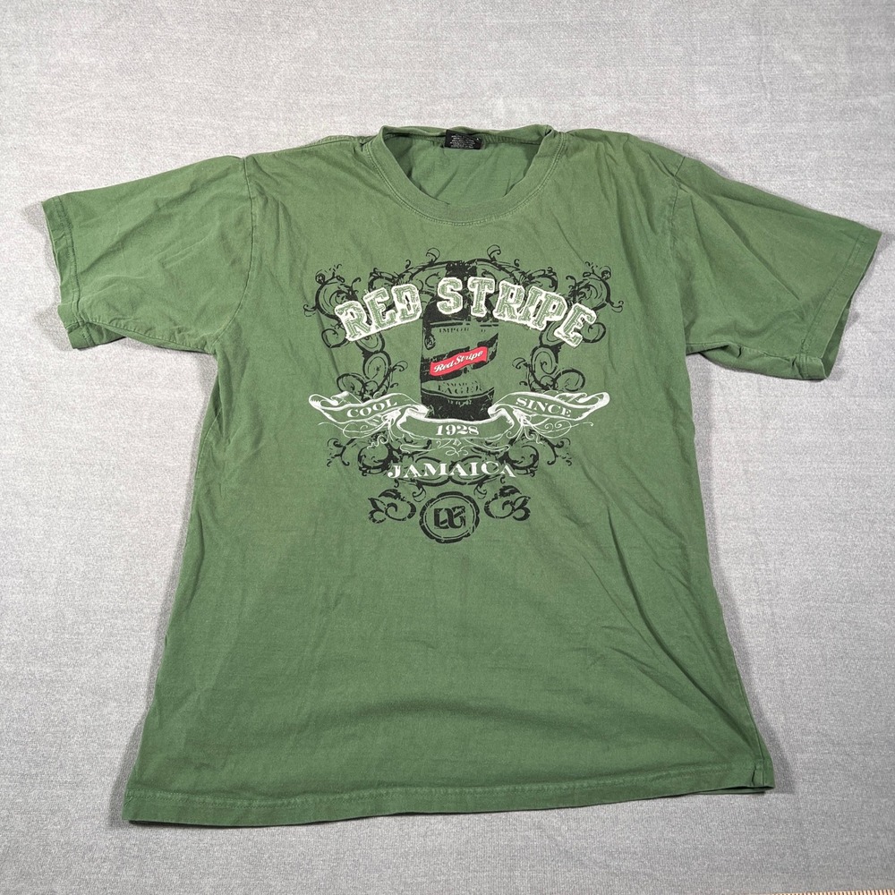 Red Stripe Beer Graphic Crew Neck T-Shirt Mens L Green Cotton